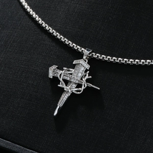 Hip hop silver nail cross necklace with thorn crown and sparkling cubic zirconia stones