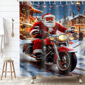 Christmas Santa Claus riding motorcycle waterproof polyester shower curtain for bathroom