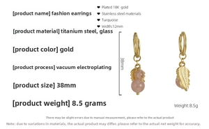 Detail of gold-plated stainless steel leaf earrings with pink turquoise bead size 38x12mm