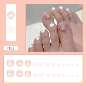 Pink and white glitter press-on toenails with bow designs for women, model F166