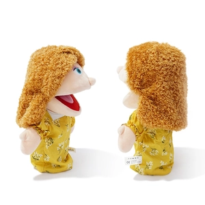 Family hand puppet in yellow floral dress with brown curly hair for role-playing games