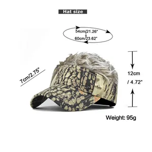 Detailed size guide for camouflage baseball cap with wig showing hat circumference and weight