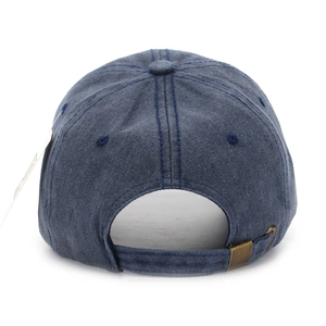 Rear view of washed denim baseball cap showing adjustable metal buckle and stitching details