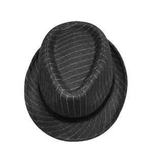 Classic dark grey pinstripe wool fedora hat with a black decorative ribbon band