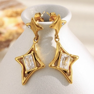 North Star Earrings 18K Gold Plated Stainless Steel Rectangle Zircon Gemstone Light Luxury Fashion Jewelry For Women