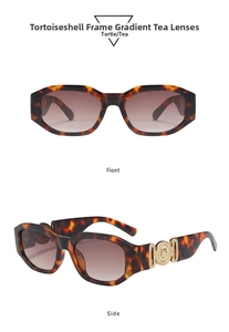 Detail of tortoise frame sunglasses with gradient tea lenses and gold metal relief ornament