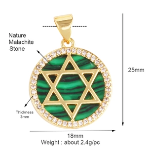 Copper micro-pave hexagram pendant with natural malachite stone and dimension labels