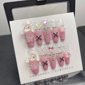 Handmade pink gradient coffin press-on nails set with 3D bunny and rhinestone charms