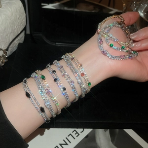 Sparkling 18k gold plated double-layer zircon bracelets with colorful stones detail.
