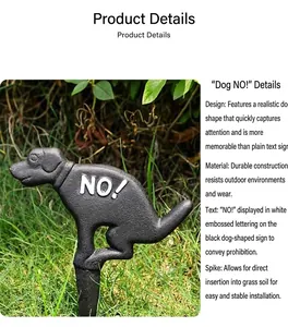 Détail d'un panneau de jardin anti-crottes en fonte avec piquet et texte No