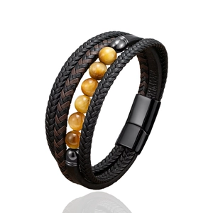 Multilayer leather bracelet with tiger eye stones and black magnetic metal clasp