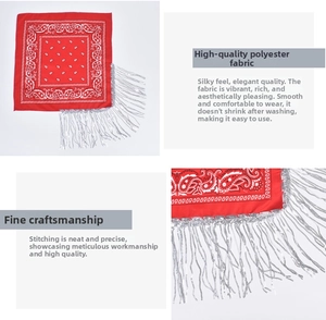Detail of red paisley polyester bandana featuring long silver fringe and premium texture