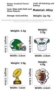 Detailed dimensions and material specifications for football-themed enamel lapel pins.