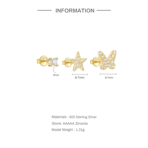 Detailed view of S925 sterling silver stud earrings set with zircon star and butterfly