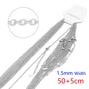 Detail of 1.5mm wide stainless steel cable chains with 50+5cm length on white card