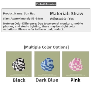 Detail view of adjustable straw sun hat featuring checkerboard weave in multiple colors