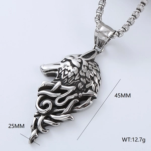 Detailed view of the wolf head pendant necklace showing exact dimensions 45mm by 25mm