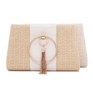 Elegant beige straw woven clutch bag with white panel and gold ring handle detail