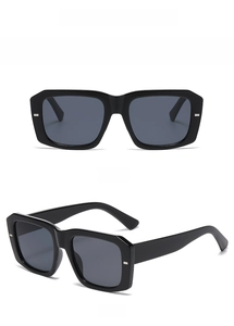Detailed views of black square sunglasses showing front and 45-degree angle perspectives