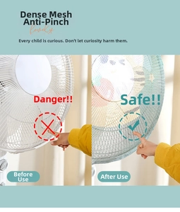 Detail of baby safety fan cover with fine mesh and cartoon patterns for finger protection