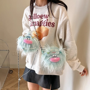 Cute sky blue furry monster crossbody bag with checkered strap for women and girls