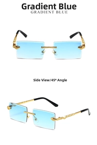 Detail of rimless square sunglasses with gold snake-carved metal temples and gradient blue lens