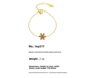 Detail of 18K gold-plated stainless steel snowflake bracelet with multi-color zircon
