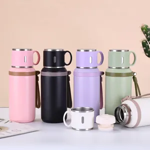 Minimalist 316 stainless steel vacuum flask with portable strap and multi-color lid cups