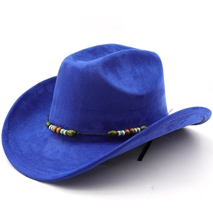 Blue faux suede western cowboy hat with ethnic colorful beaded band and wavy brim