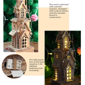 Detail showing the LED battery compartment and warm light effect on the wooden cabin