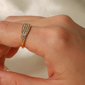 French style 18K gold plated stainless steel ring with micro-paved cubic zirconia stones
