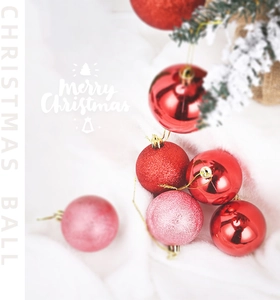 Close-up of assorted pink and red Christmas balls with glitter and matte finishes