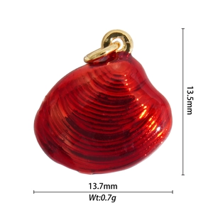 Detail of red enamel shell pendant with 18K gold plating and dimension markings