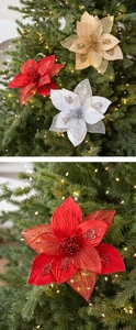 Detailed close-up of velvet poinsettia petals with glitter and mesh for Christmas trees