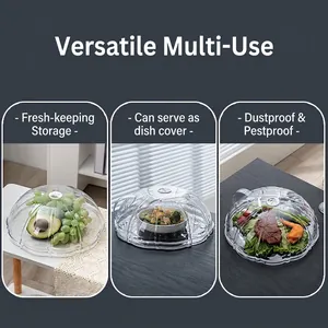 Microwave food cover with wave texture and handle shown in diverse storage scenarios