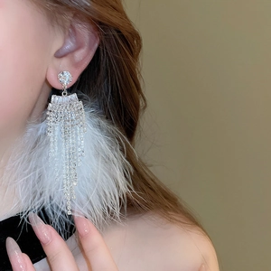 Detailed view of elegant silver rhinestone fringe and white feather drop earrings on model