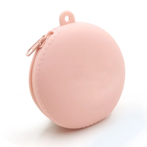 Pink silicone round mini coin purse with zipper and keychain loop for kids