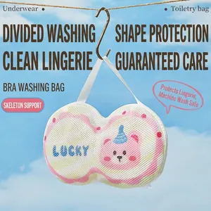 Padded mesh laundry bag with cute bear print and internal support for bras