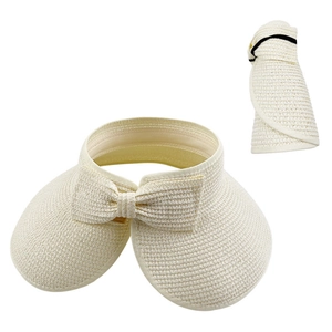 Cappello da sole pieghevole in paglia beige da donna con fiocco in stato aperto e chiuso