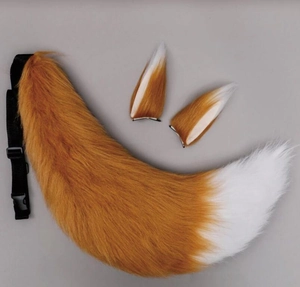 Brown faux fur fox tail and ear clips set with adjustable waist belt for cosplay
