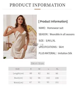 Size guide table for V-neck imitation silk nightgown showing length and bust measurements