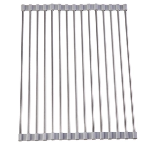 Foldable stainless steel roll-up dish drying rack for kitchen sink with grey silicone edges