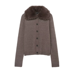Women Knit Cardigan With Faux Fur Collar Long Sleeve Button Down Solid Color Sweet Street Style Outerwear
