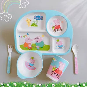 Detailed 5-piece bamboo fiber kid set with Peppa Pig pattern and divided plate