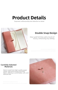 Detailed view of pink double-opening jewelry box with pearl necklace and snap button