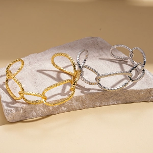 18K gold plated minimalist oval chain link open cuff bracelet in gold and silver