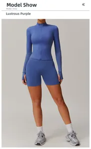 Glazed purple yoga set with thumbhole long sleeve jacket and high waist gym shorts