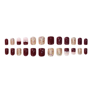 Sparkly glitter and pearl wine red square press-on nails for bridal and daily wear