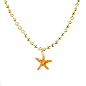 Macro detail of the orange starfish pendant with gold bead chain and realistic textures