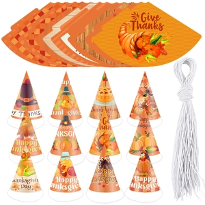 Set of 12 Thanksgiving party hats featuring pumpkins and turkeys for harvest celebrations